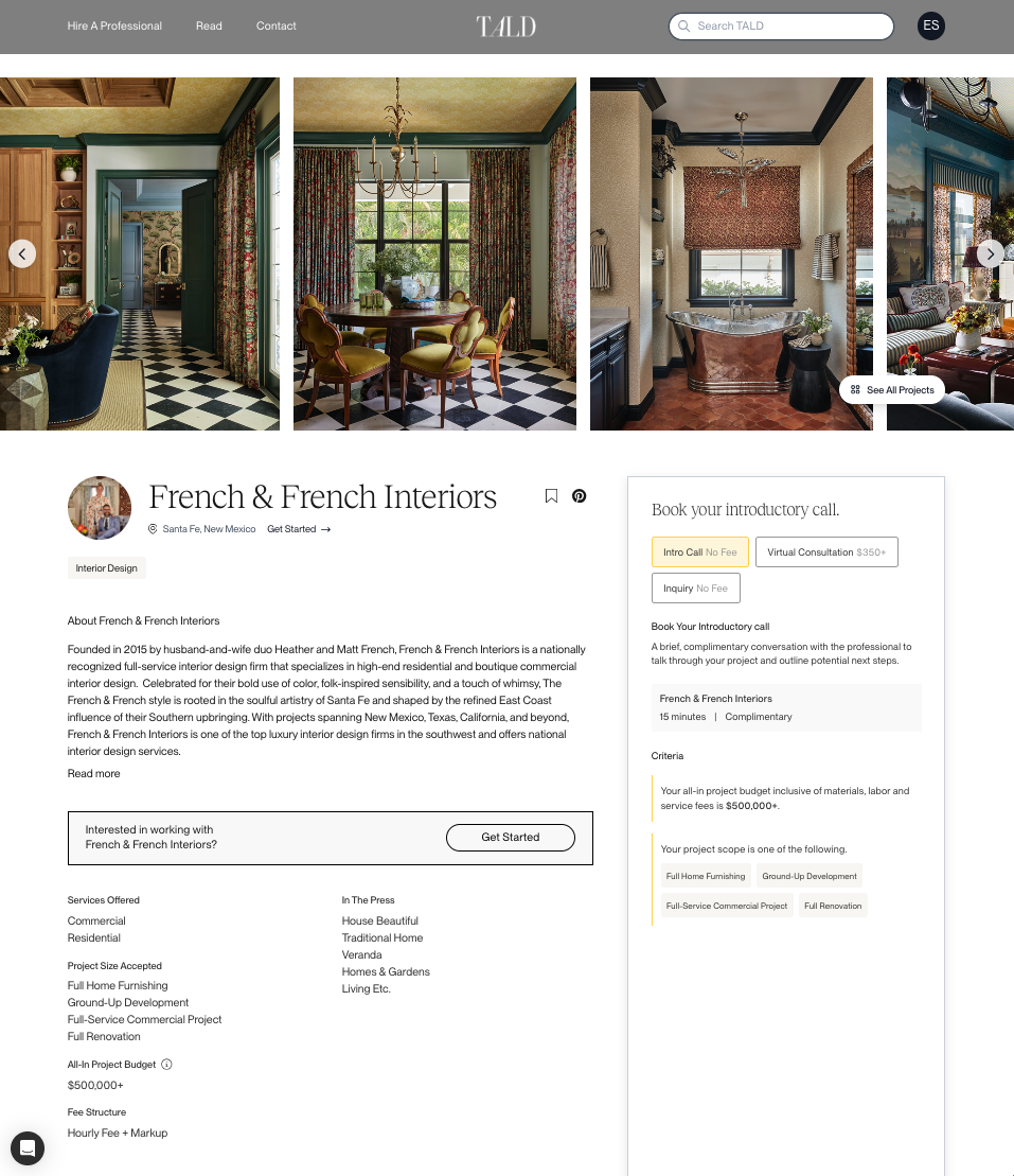 A TALD designer profile page for French & French Interiors, showing project gallery, bio, and transparent pricing